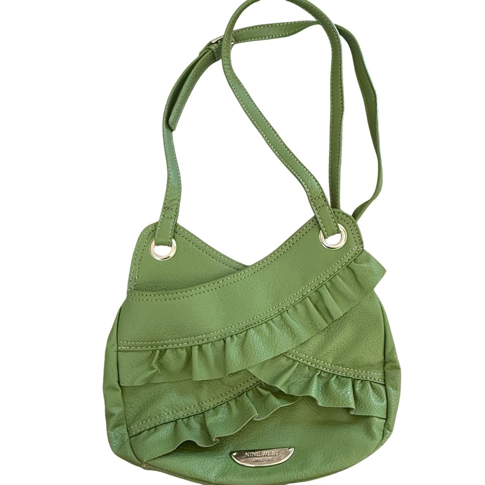 Nine West Ruffled Crossbody Bag‎ BOHO Green Vegan Leather Adjustable Strap